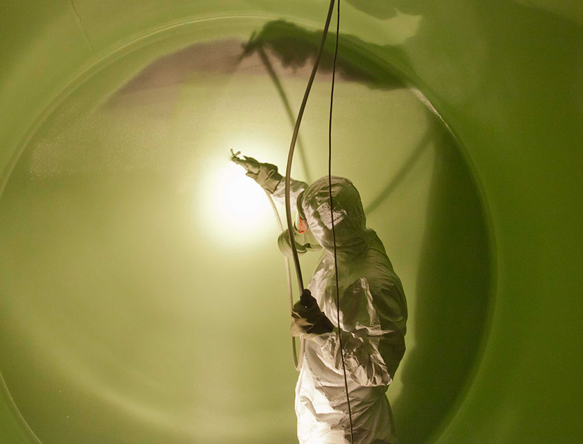 Eine Person in Schutzanzug sprüht Farbe in einen großen, grünen Behälter.