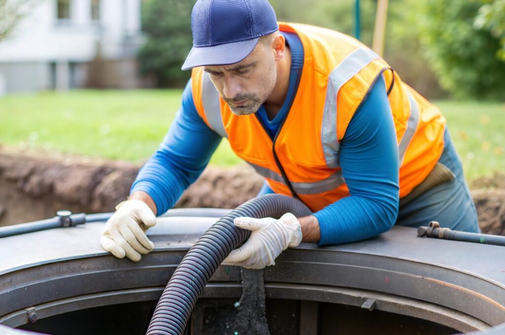 Man Cleaning Septic Tank for Sewage Removal and Maintenance Service